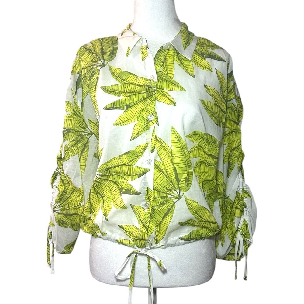 Mark New York Green Ruched 3/4 Sleeve Blouse with Tie Front Medium